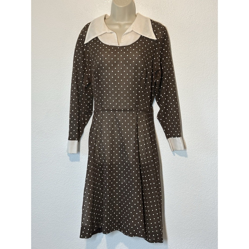 Vtg 70s  Montgomery Ward Sheer Polka Dot Dress Dagger Collar M Dark‎ Acedamia
